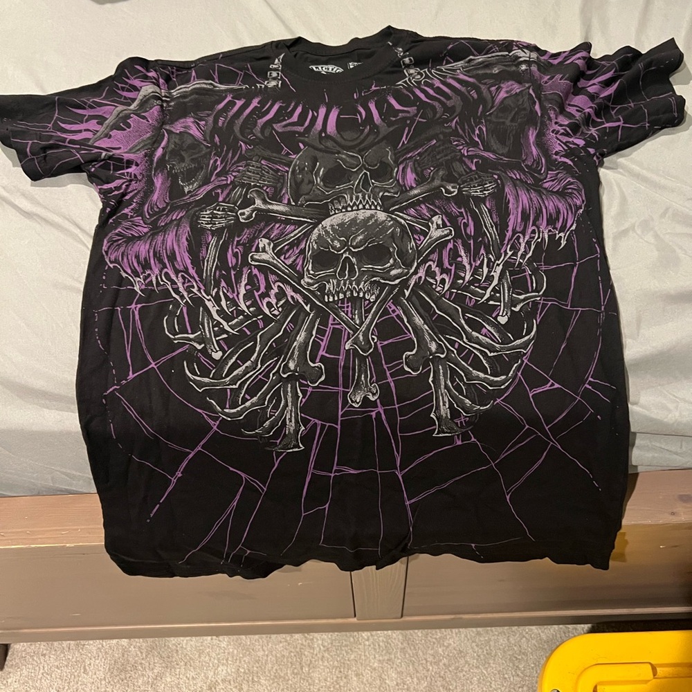 Affliction Black Tee with Purple Skull Design